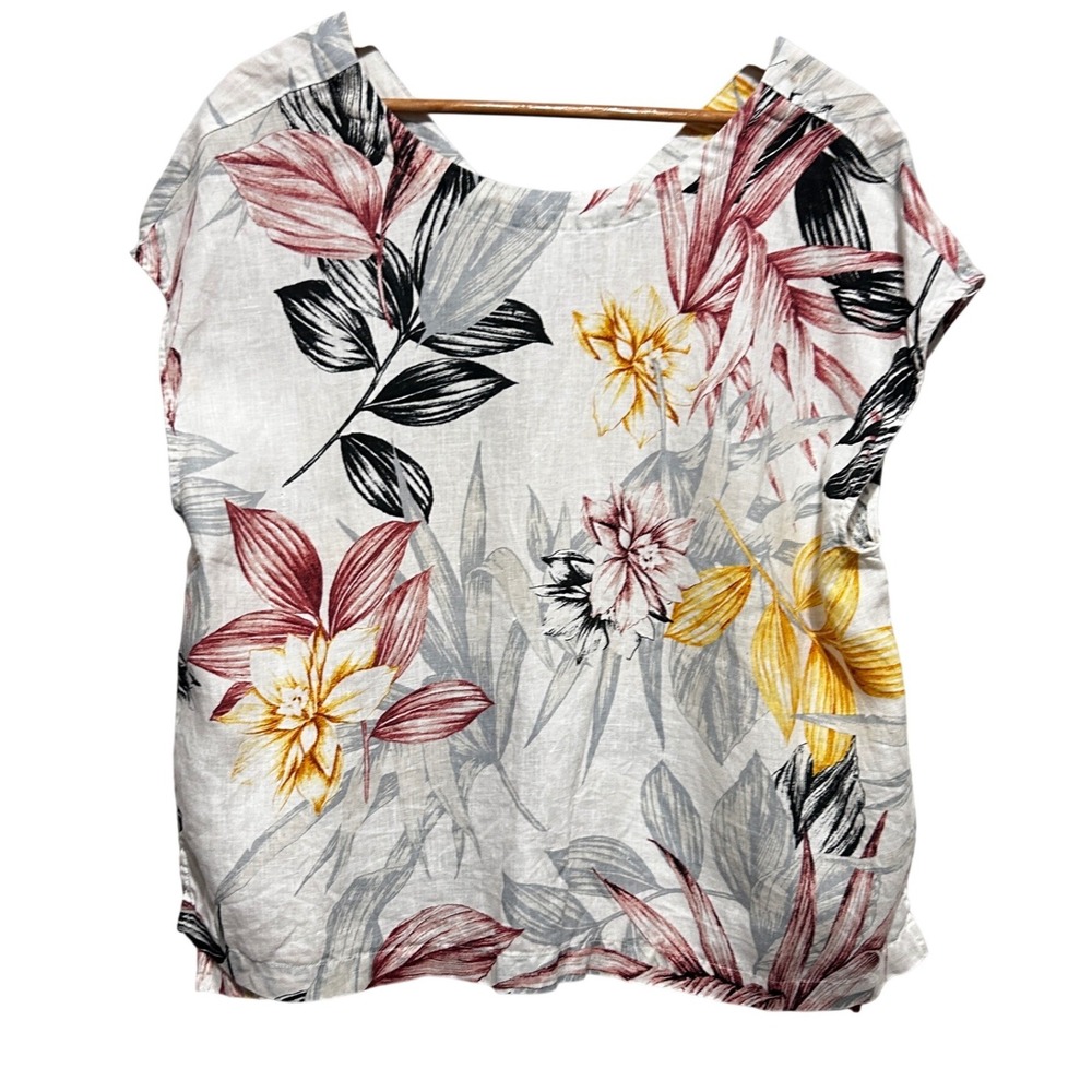 C&C California Womens Cottage Coastal Linen Top XL Back Button Tropical Floral